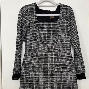 Taylor Black and White Tweed Long Sleeve Dress